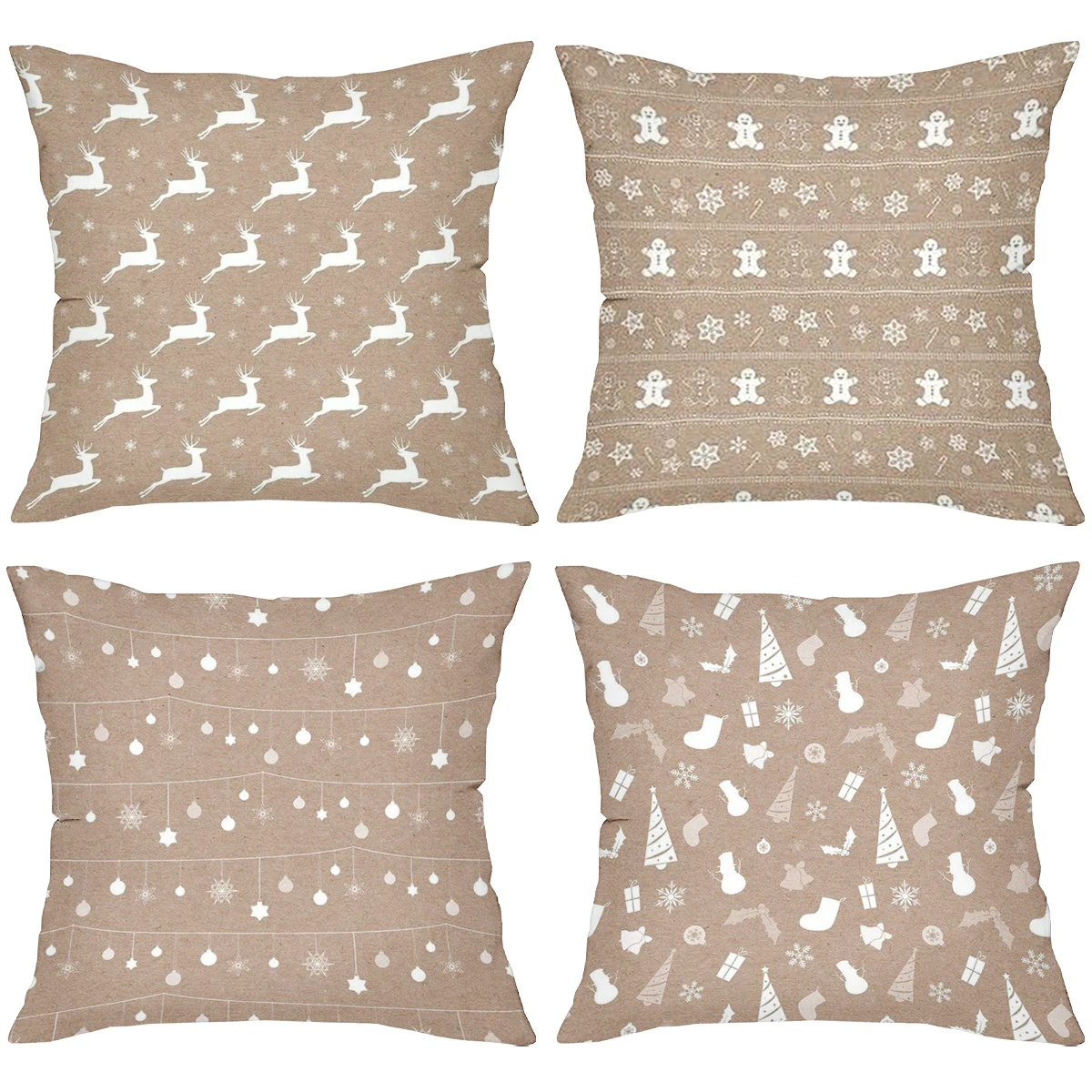 Almohadas navideñas marrones con patrones de árbol de jengibre y ciervos, funda de almohada de poliéster, cojín decorativo para sofá, almohada para cabecera