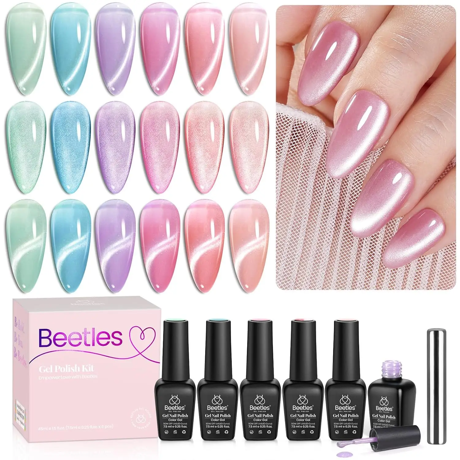 

6 Color Cat Eye Gel Nail Polish Set, Pastel Spring Shimmer Glitter, UV Magnet Nail Art DIY Gift for Women