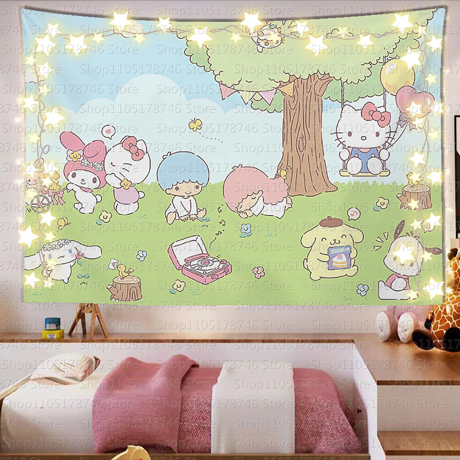 Entzückende Sanrio Family Pink Heart Wandteppich, Kawaii Anime Wandbehang Dekoration, Mädchenherz bedruckter Wandteppich, super süße Dekoration
