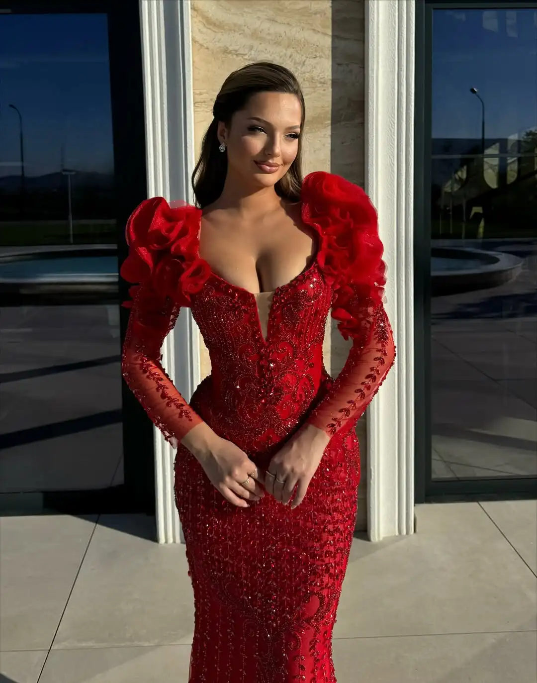 

New Design Sexy Red Sweetheart Beading Sequins 3D Flowers Illusion Full Sleeves Off The Shoulder Mermaid Evening Dress