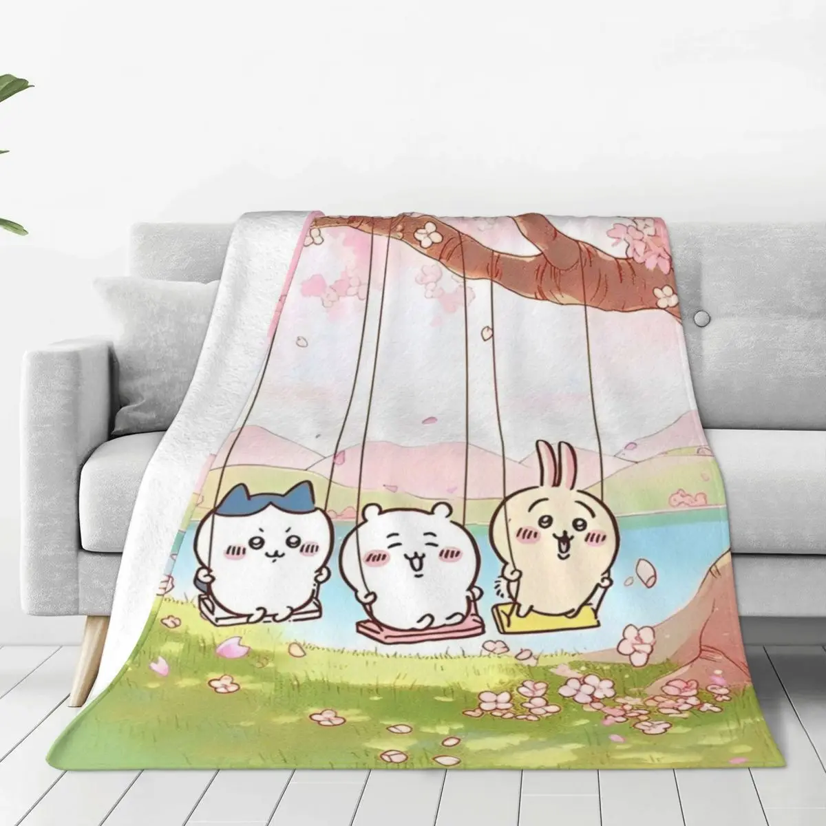 Chiikawa Swings On A Swing Warm Blanket Camping Plush Throw Blanket Fluffy Bedroom Flannel Bedspread Sofa Bed Cover