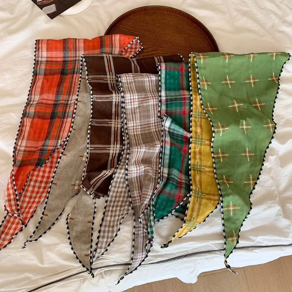 

Sweet Cotton Lattice Headscarf Thin Turban Pastoral Style Headscarf Colorful Vintage Triangular Hair Band Clothing Accessories