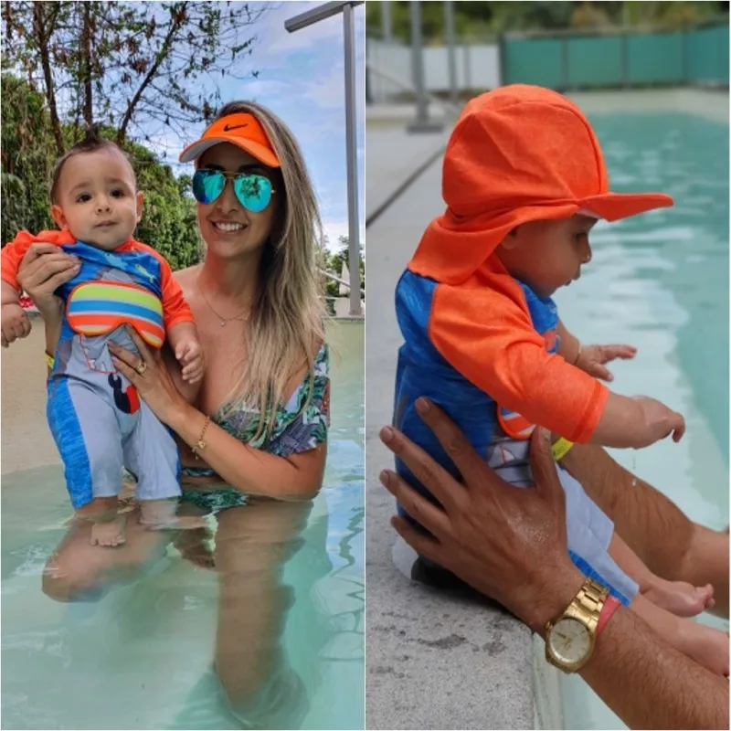 Baby Boys and Girls' Sunscreen Swimwear com boné, Fato de banho de praia, Surf, Criança infantil, Crianças, Crianças, 2024