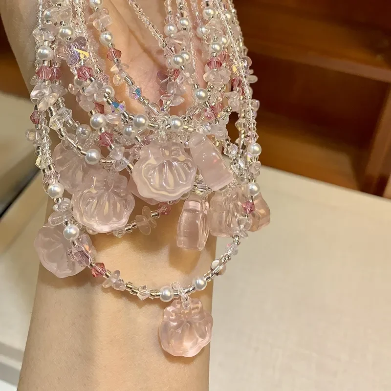 Crystal necklace beaded sweet cute neck chain spring outing accessories powder sea shell bow shell collarbone chain