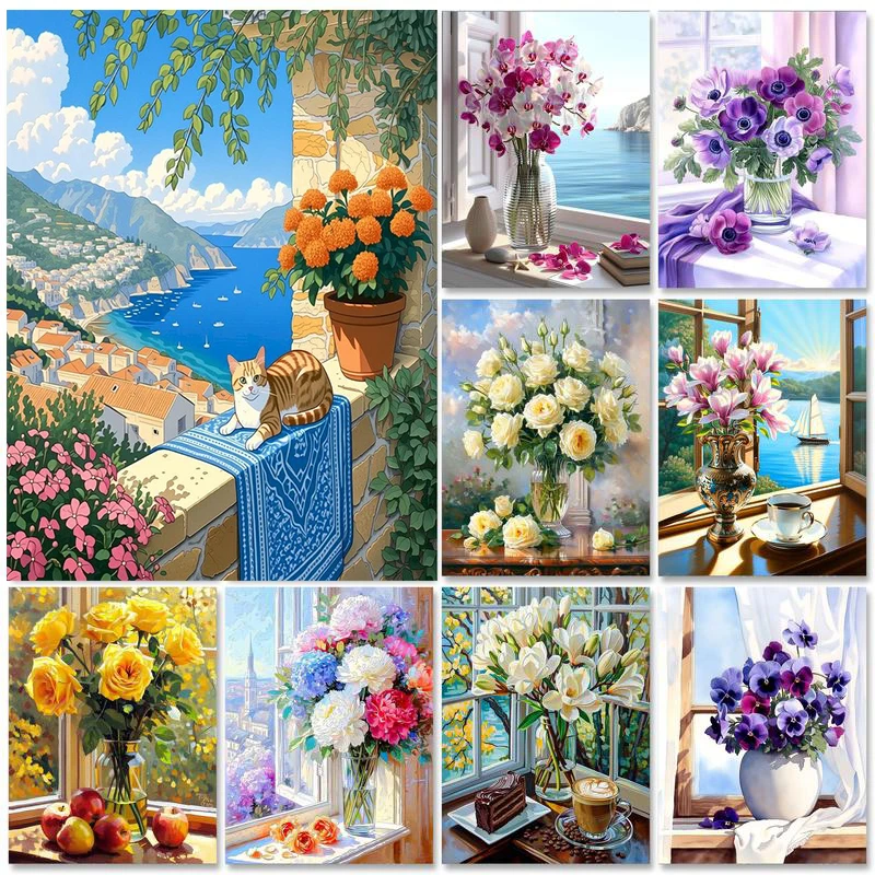 GATYZTORY Vase Painting By Numbers For Adults Painting With Numbers Scenery Acrylic Painting on Canvas Unframe Diy Crafts