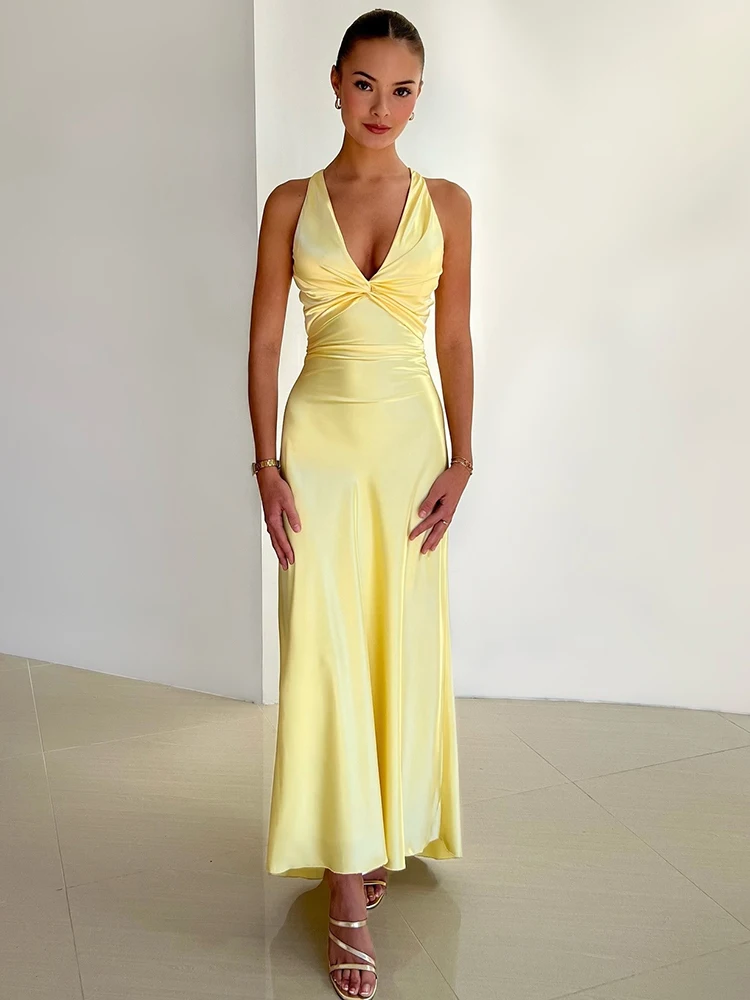 

Bow Backless Satin Sexy Maxi Dresses For Women Summer Gown Fashion V Neck Sleeveless Robe Elegant Club Party Evening Dress 2025
