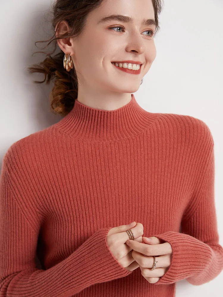 

High Quality 100% Merino Wool Women Basic Pullover Slim Elastic Long Sleeve Sweater Knitwear Simple Style Female Bottom Top