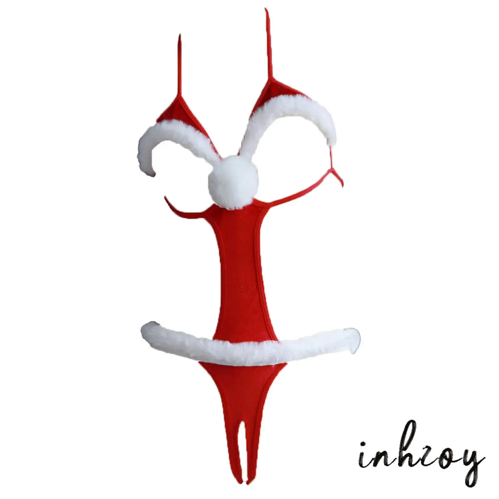 

Womens Christmas Alluring Bodysuit Lingerie Set Hollow-out Lace-up Velvet Bodysuit with Cute Pompoms Decor for Xmas Dating Night