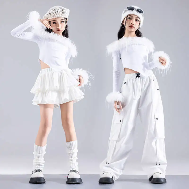 

Kid Hip Hop Clothing White Halter Furry Long Sleeve Top Casual Cargo Pants Pleat Mimi Skirt for Girl Jazz Dance Costume Clothes