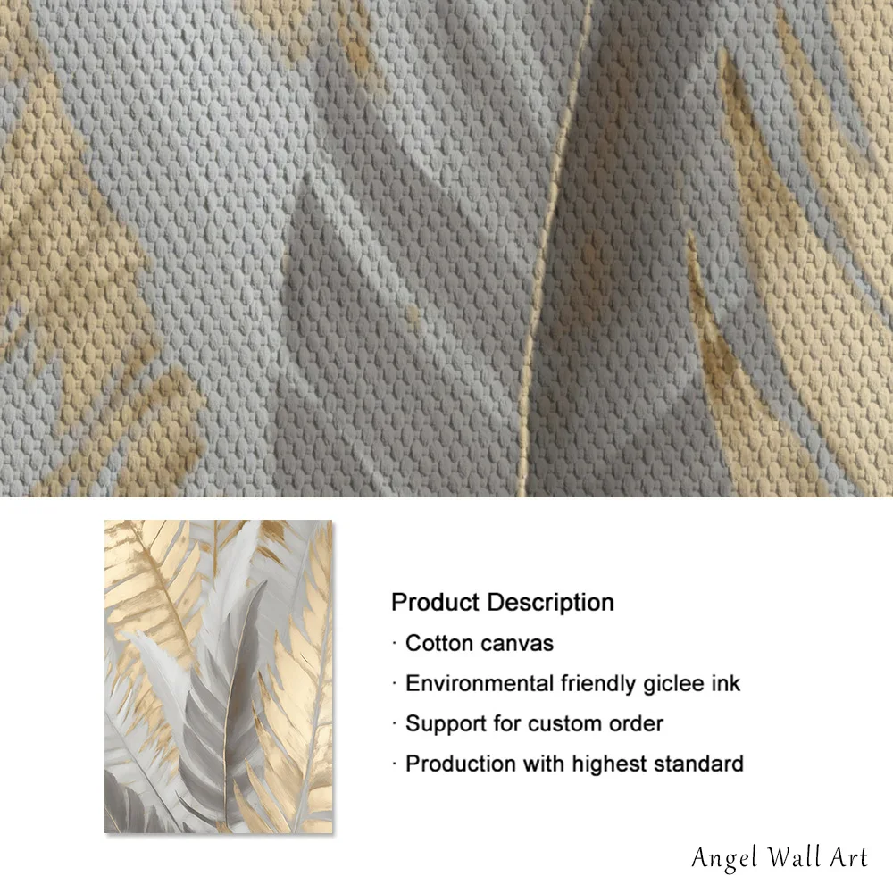 Nordic Gold Feather Canvas Painting Wall Art Neutral Abstract Modern Art Poster Prints for Living Room Home Decor Mural Unframed