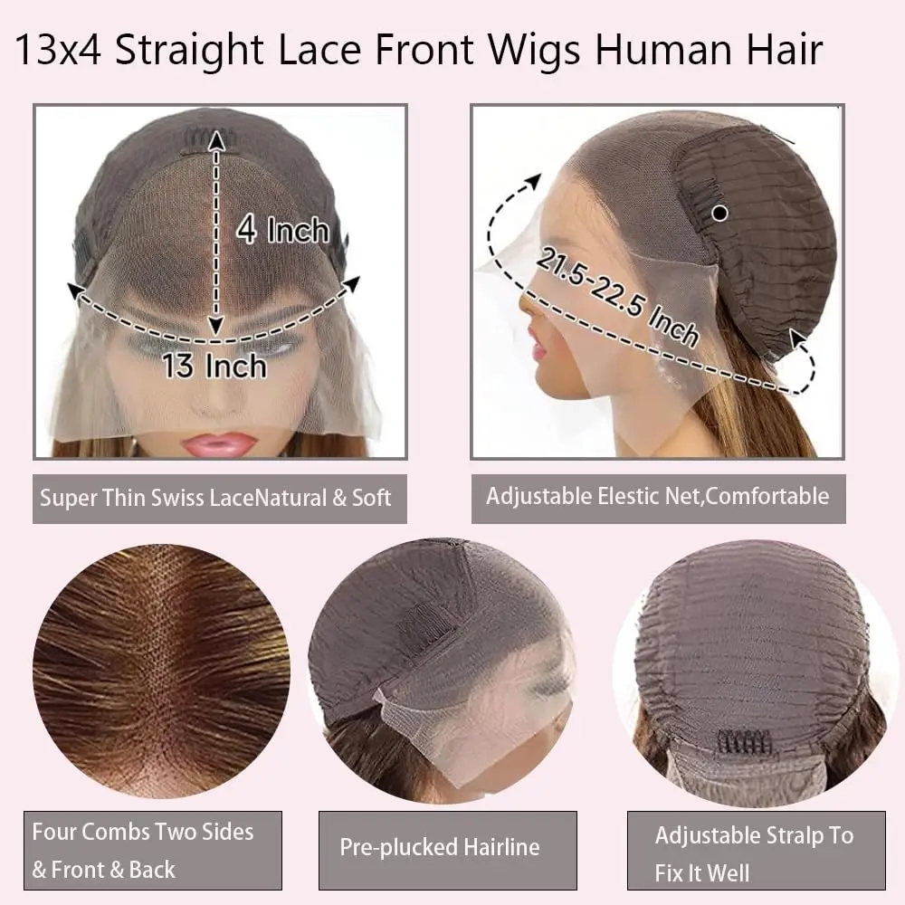 密度200 P4_27 ハイライトフロントレース 生え際処理済み カラーストレートフロントウィッグ 13x4 HD透明レース 人毛ウィッグ