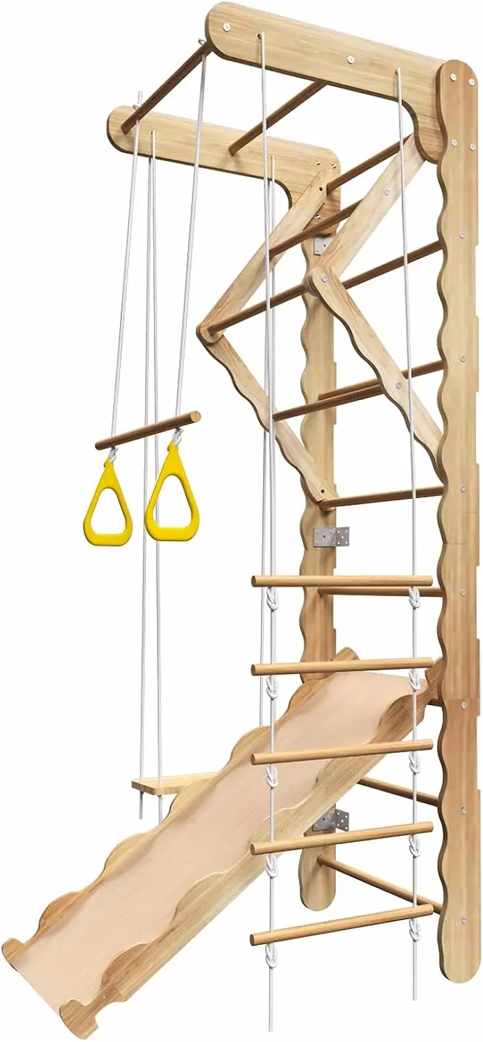 5-in-1 Wooden Indoor Jungle Gym for Kids, Wall-Mounted Swedish Ladder with Pull-Up Bar, Rings, Swing, and Slide – Montessori-Ins