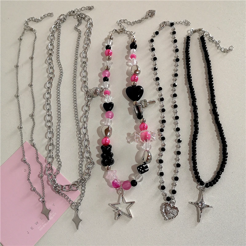 Kpop Goth Vintage Y2K Star Cross Pendant Pink Beaded Silver Color Chain Necklace For Women Aesthetic Grunge EMO Jewely Accessory