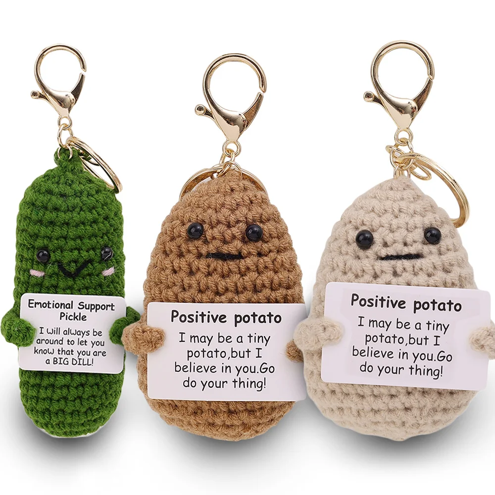 Cute Crochet Positive Potato Cucumber Keychain Mini Handmade Wool Toy with Energy Card Bag Pendant Inspired Key Chains Dolls