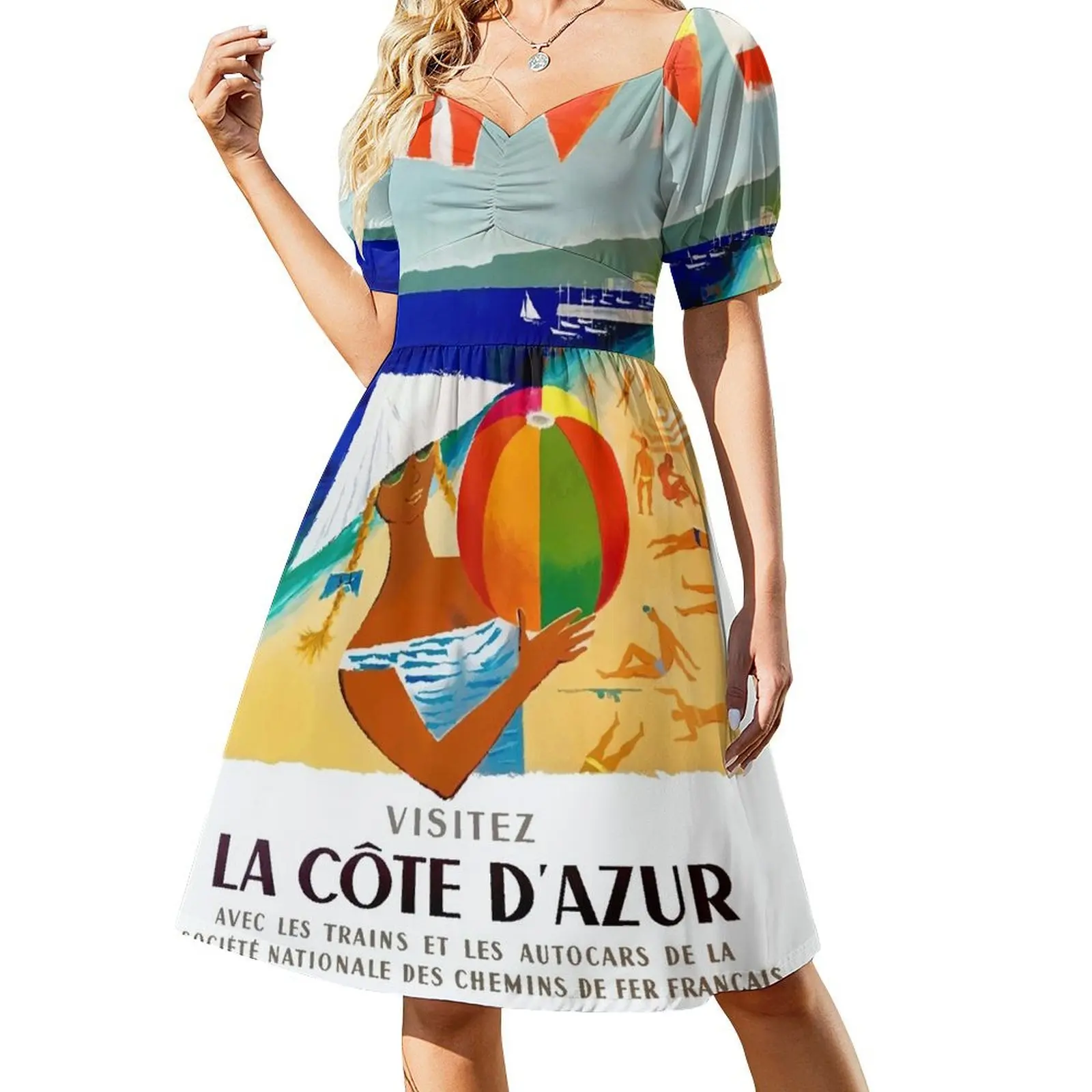 

1957 Visitez La Cote D’Azur French Travel Poster Short-Sleeved Dress Beachwear bandage dress