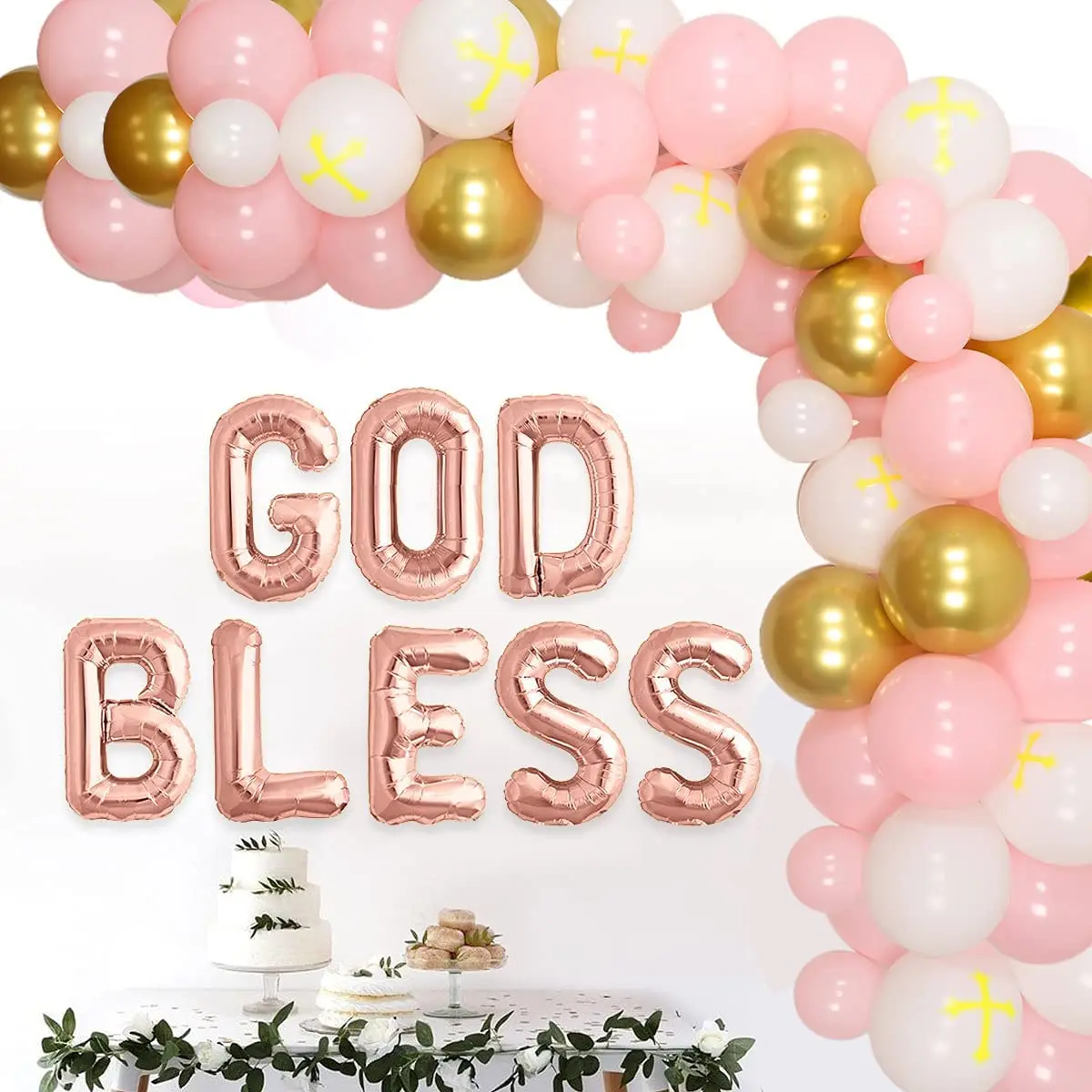 God Bless Decorations for Girls, Pink and White Balloon, Garland Kit, Baptism, First Communion Party Decorations, Confirmation S