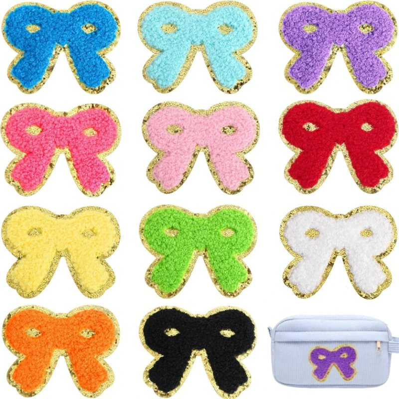 

5Pcs/Lot Embroidered Chenille Bowknot Patch Gold Edged Glitter Patch Iron On for DIY Crafts Applique Ornament Handmade Accessory