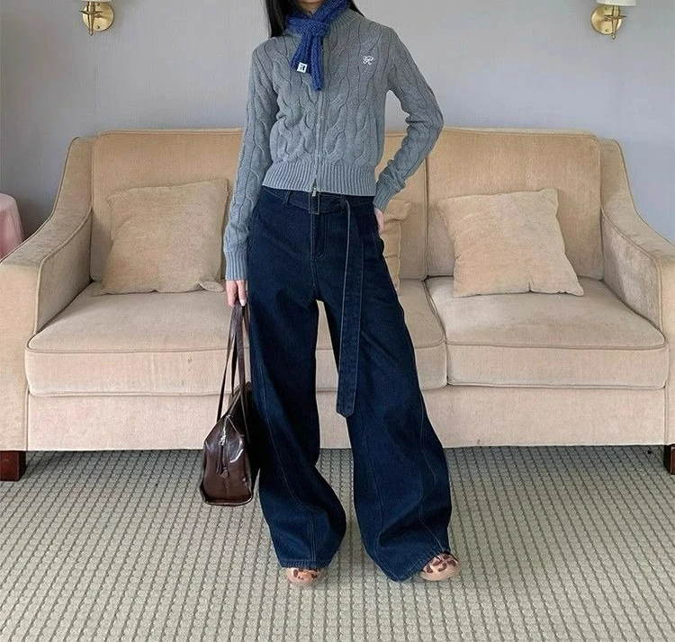 Dunkelblaue Gürteljeans für Damen, 2025, Frühling, Vintage-Design, lockere, gerade Hose mit weitem Bein