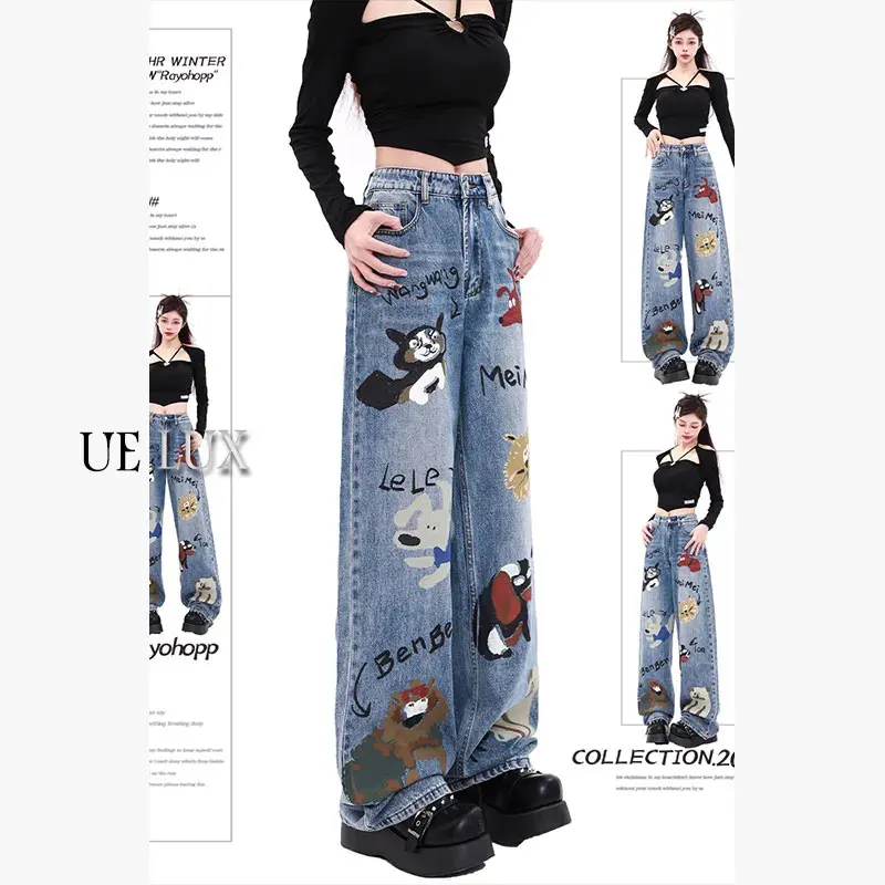 

Cartoon Print Washed Wide Leg Jeans Women 2025 Winter New Design Sense High Waisted Loose Straight Leg Pants Floor Length Pant