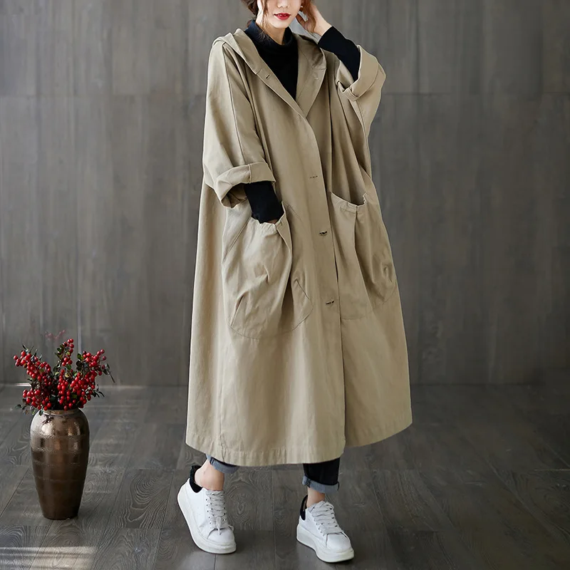 

Autumn New Loose Oversized Knee Length Trench Coat with Large Pockets Women's Hooded Commuting Casual Jacket