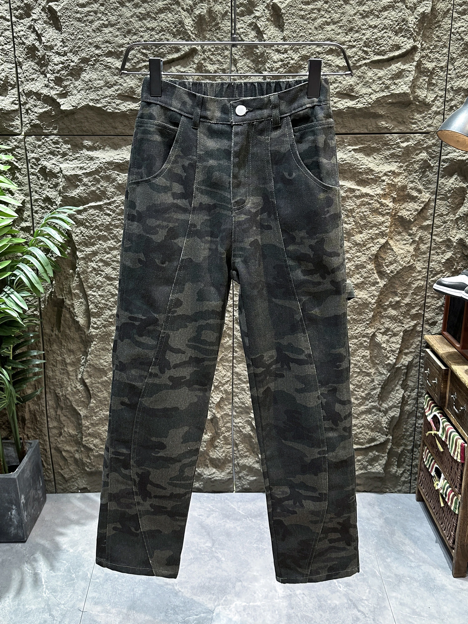 

American Vintage Camouflage Jeans For Men Spring Autumn High Street Straight Leg Denim Pants Casual Fashion Splicing Trousers