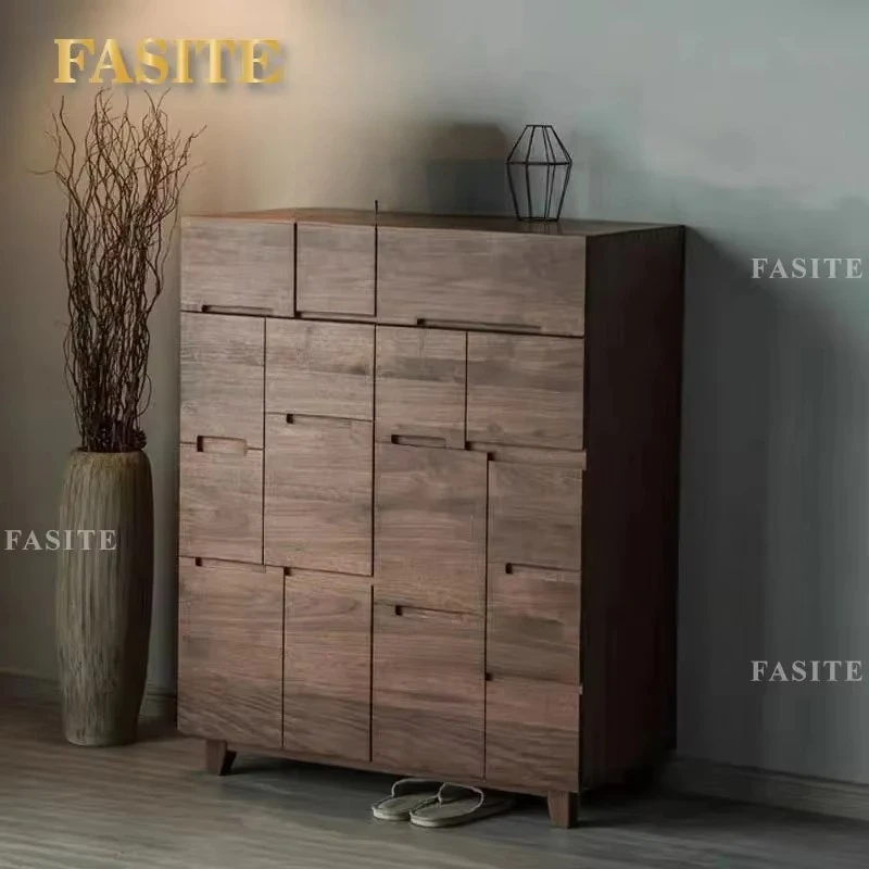 For Nordic All Solid Wood Black Walnut Door Shoe Cabinet Modern Simple Irregular Cherry Wood Drawer Storage Furniture