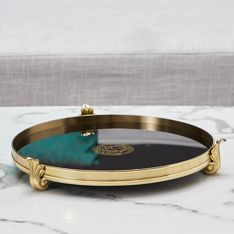 Fashion Hotel Copper Glass Polished Storage Plate Round Wedding Party Wind Food Serving Tray