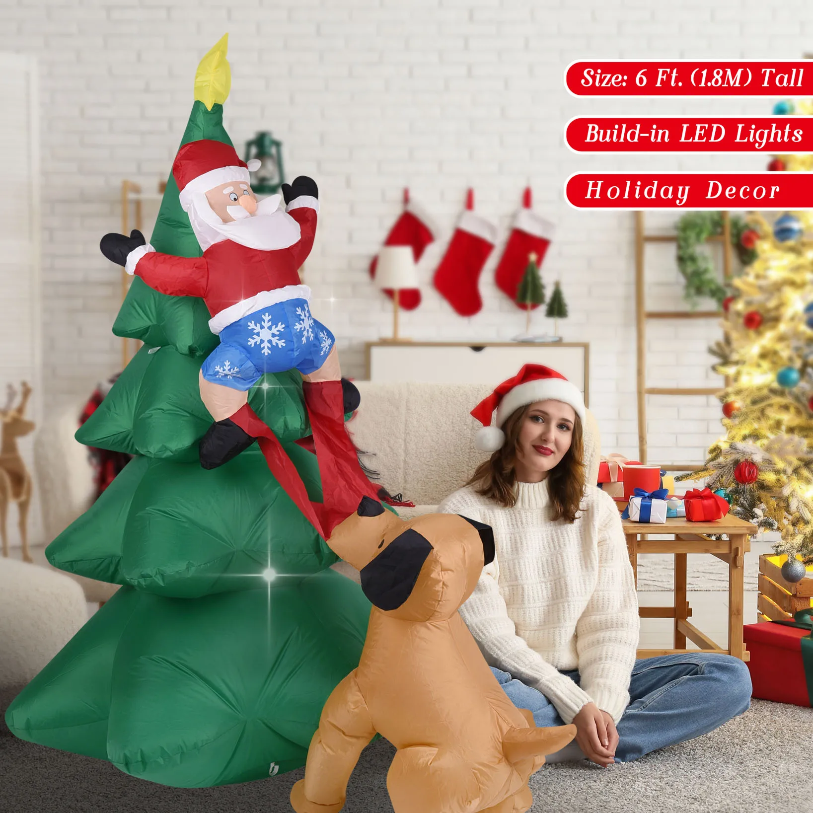 Christmas Inflatable Dog  w/Santa Claus Climbing Tree Lighted Blow Up Outdoor Yard Lawn Decoration for Home Garden Holiday Party view 4