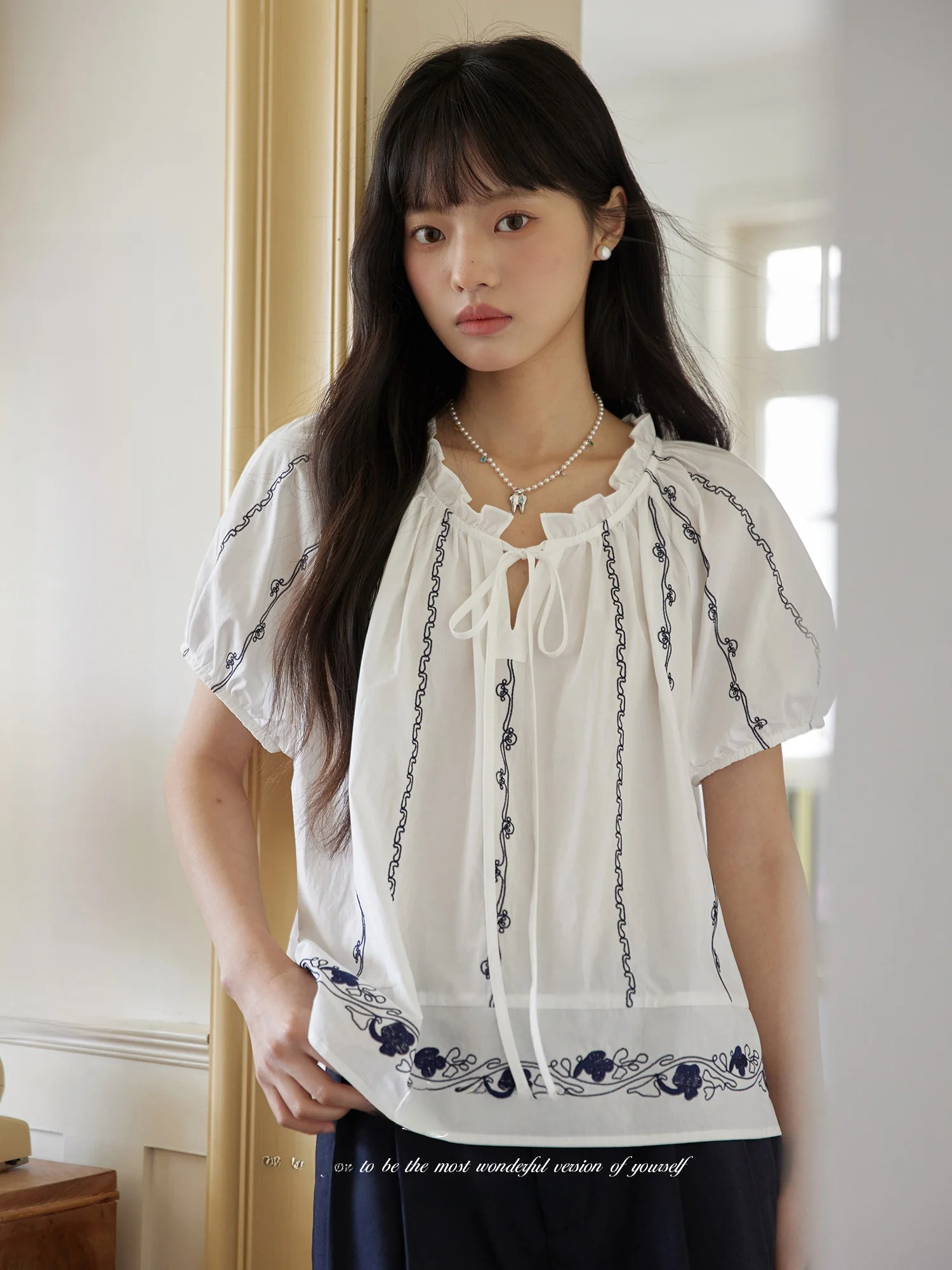 

ORWhite Heavyweight Wood Ear Collar Color Blo Embroidery White irt Women's Vintage Slim Fit Loose Top Cotton round Ne S...