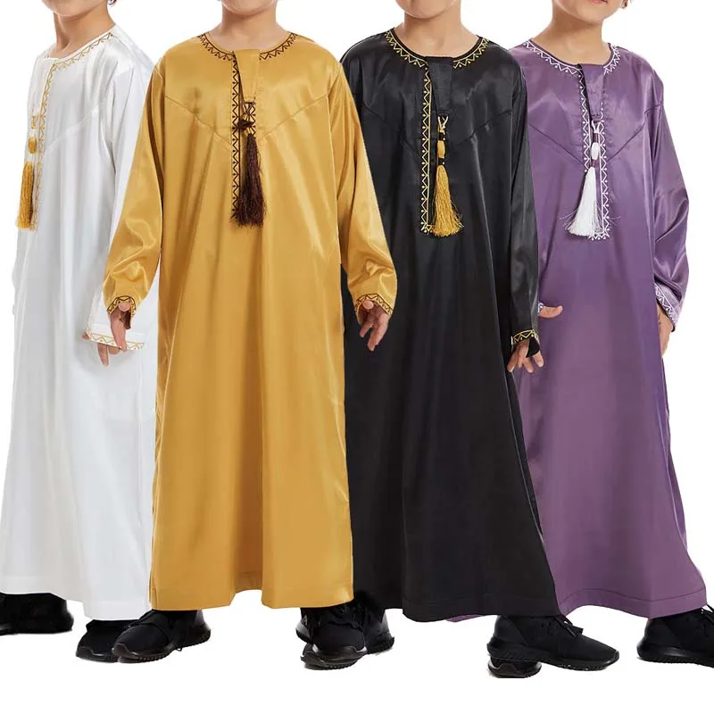 Islamic Kids Jubba Thobe Tassel Embroidered Dubai Luxury Moroccan Robe for Boys Ramadan Eid Long Sleeve Abaya Kids Daily Dress