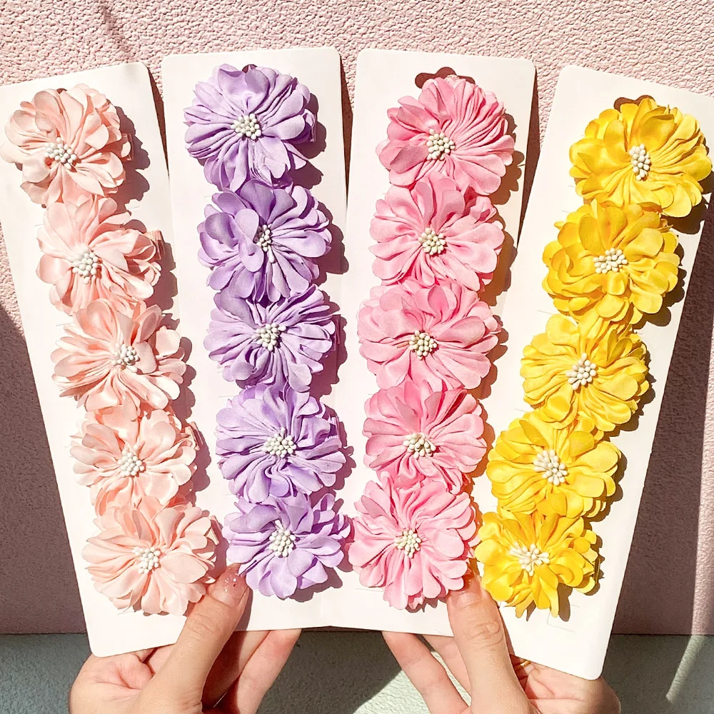 5Pcs Flower Hair Clips for Girl Sweet Chiffon Fabric Safety Hairpins Boutique Simulation Flower Headwear Kids Hair Accessories