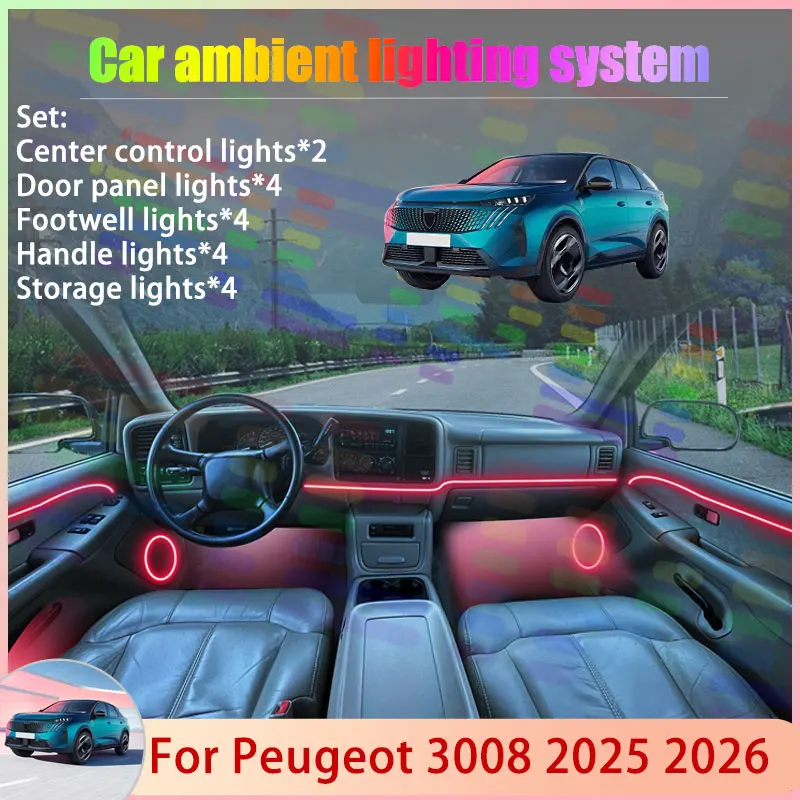 

Для Peugeot 3008 P64 e-3008 MK3 2025 2026 2/18 в 1, автомобильная атмосферная лампа, RGB абажур, ансамбль, стример, атмосферный набор, авто