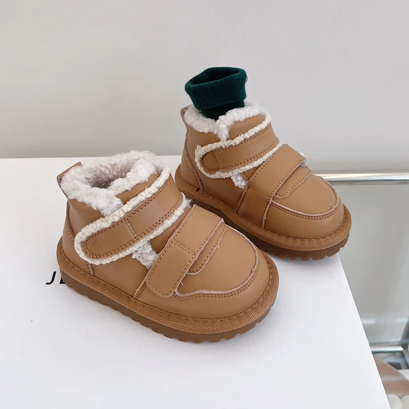 2022 New Winter Children Boots Leather Warm Plush Toddler Boys Shoes Double Hook&Loop Fashion Baby Girls Boots EU 21-25