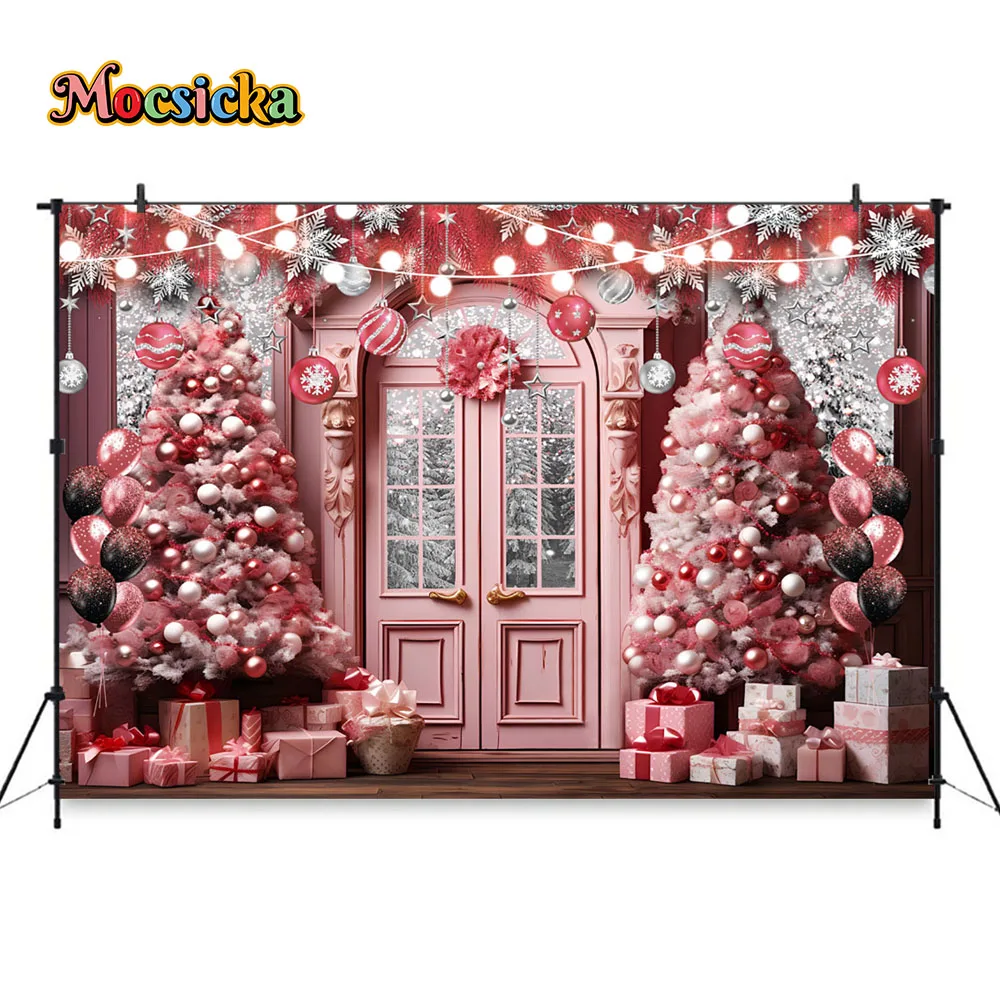 Fondo de fotografía sueño rosa tienda de Navidad decoración de puerta brillo bola de Navidad árbol fondo invierno chica fiesta regalo fotomatones