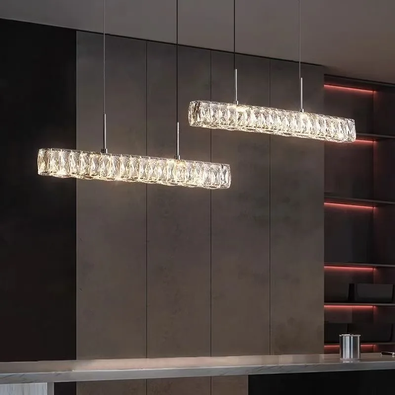 Post-Modern Double-Layer Long Crystal Chandelier Fish Line Eye Protection LED-Stainless Steel Restaurant Chandelier