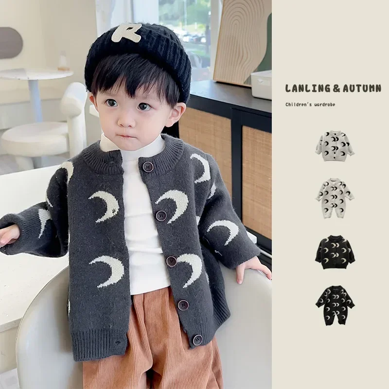 

Baby Clothes Classic European Knitted Cardigan Spring and Autumn Baby Boys and Girls Printed Sweater Coat Rompers