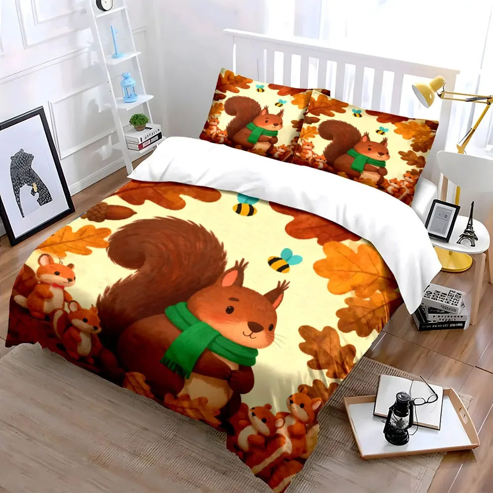 Autumn Squirrel Decoration Set Soft Comfortable Duvet Cover Bedding Set Included 1*Duvet Cover & 2*Pillowcases, gift