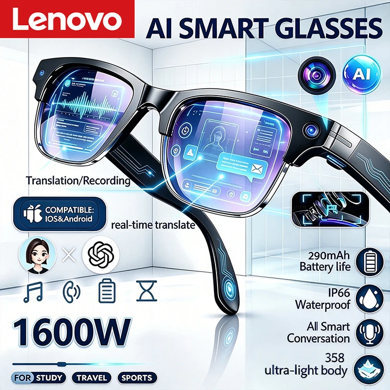 Lenovo NEW 2400W Smart Glasses AI Translation Hands-Free Calling Chat Logging Listening To Music Smart Sunglasses for Men Women