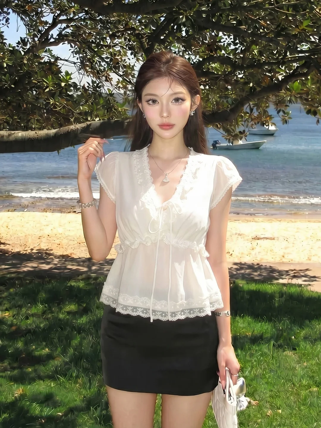 

Elegant White Polka Dot V-Neck Lace Trim Chiffon Top Women's Summer Design Slim Fit Fairy Sleeve Shirt French Style Breathable