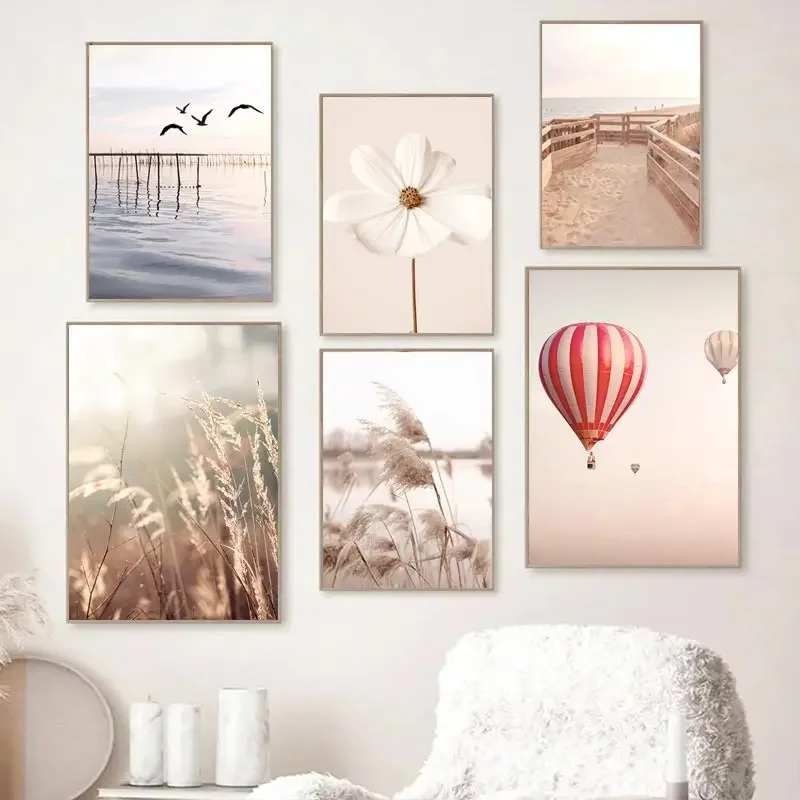 Beige Landscape Wall Art Poster Bike Hot Air Balloon Pictures Orchid Dandelion Canvas Painting Nordic Prints Bedroom Home Decor