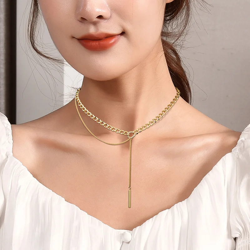 العلامة التجارية الجديدة التيتانيوم الصلب هندسية تقسم سلسلة قلادة، سلسلة محبوكة شرابة مزدوجة الطبقة، عصرية للسيدات