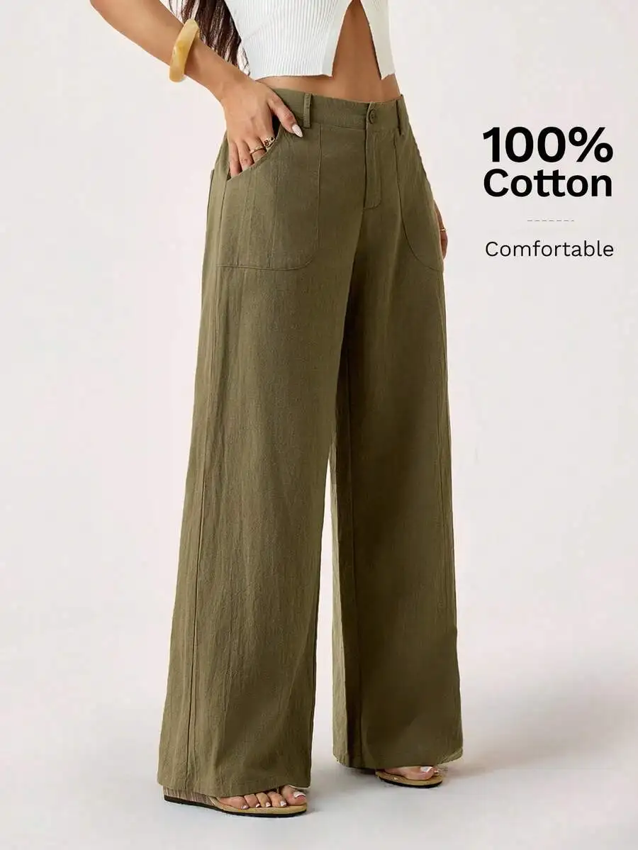 

Women's Olive Green 100% Cotton Wide Leg Straight Pants, Low Waist Comfortable Summer Fall Trousers