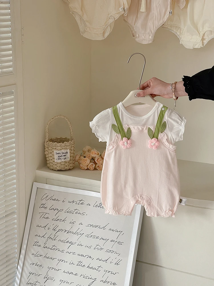 

xinfefei Summer New Baby Clothes Girl's 3D Flower Rer Thin Overall Clothes ort Pants Sweet Sle Infant Outfit