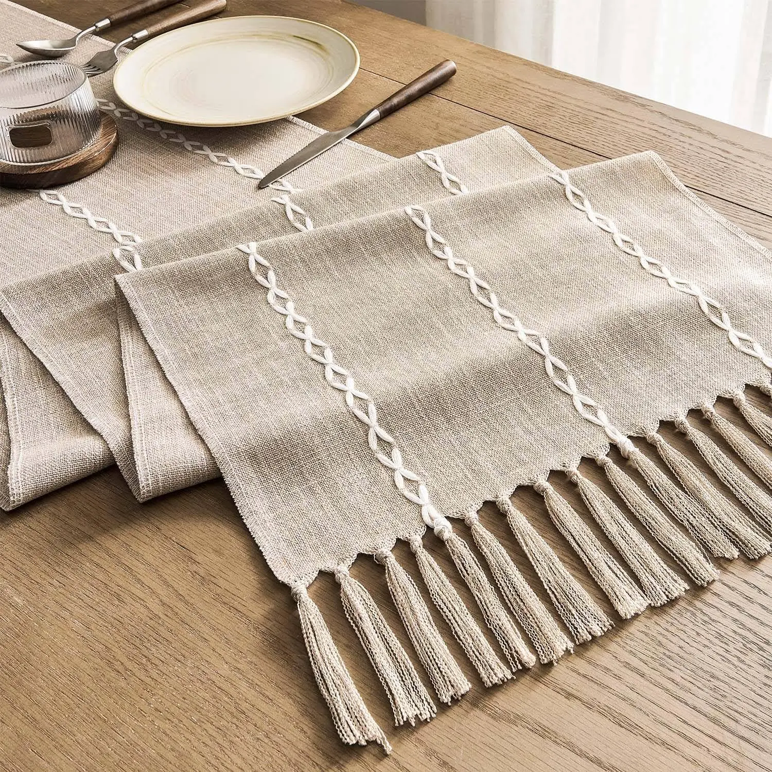 Rustic Linen Table Runner Farmhouse Style Table Runners Long Embroidered Table Runner with Hand-tassels for Party