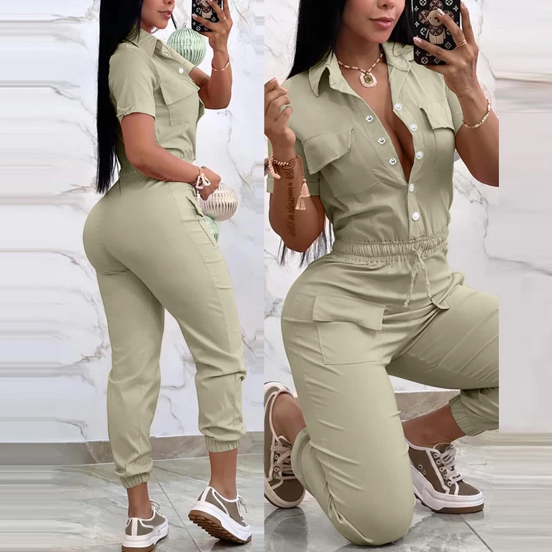 Women Elegant Lapel Multi-Pocket Long Jumpsuit Casual Short Sleeve Commute Romper Fashion Drawstring High Waist Cargo Playsuits