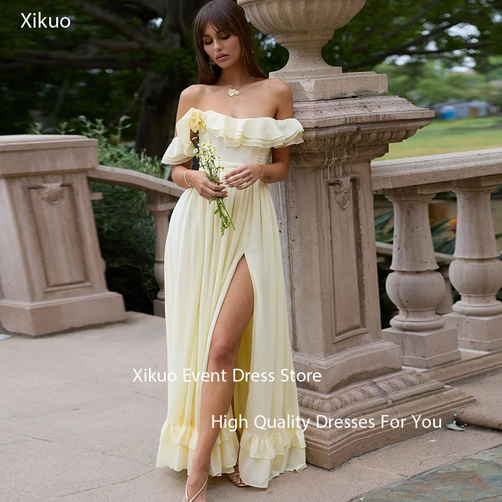 

Xikuo Elegant Yellow Chiffon Evening Gowns A Line Strapless Robe Cocktail Femmes Pleated 3D Flower Party Prom Dresses Customized