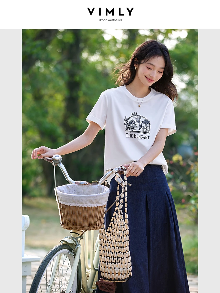 VIMLY Embroidery White Graphic T-shrits Woman Short Sleeve Women's Summer Tops 2025 Casual Printed Tees Ladies Clothing A1233