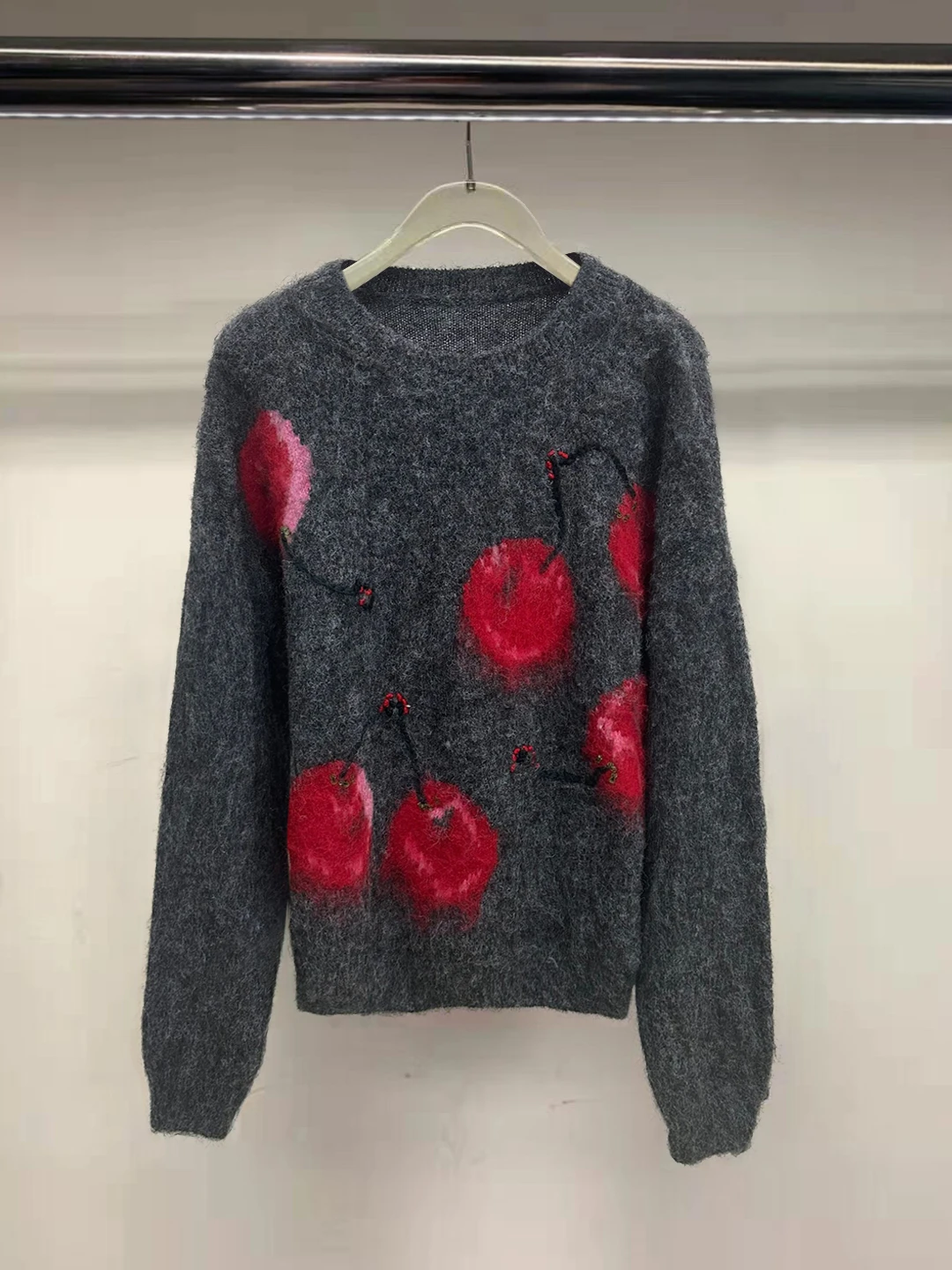 

Loose Long Sve round Ne Knitted Sweater Winter New Sle Cherry Soft Camere Base Layer Top Korean Sle Commute Faion