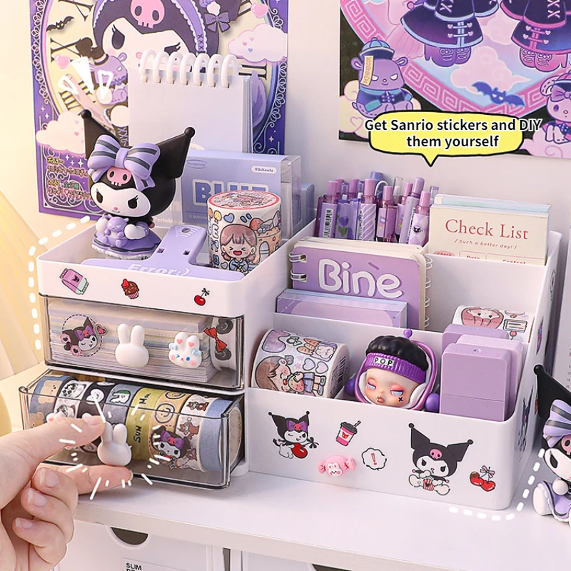 Imagem -03 - Kawaii Sanrio Desktop Caixa de Armazenamento Organizador de Gaveta Kuromi Adesivos Cremalheira de Mesa Caixas de Armazenamento de Papelaria Bonito Pen Titular