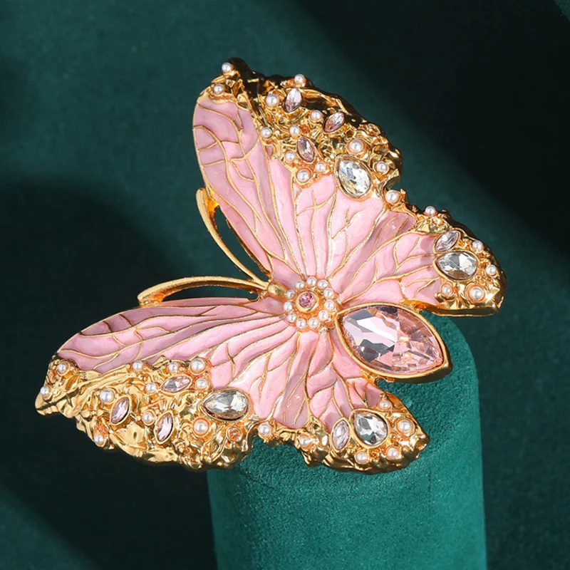 

Vintage Enamel Pink Butterfly Rings For Woman Crystal Gold Color Large Luxury Designer Jewelry For Women Party Accessories 2025